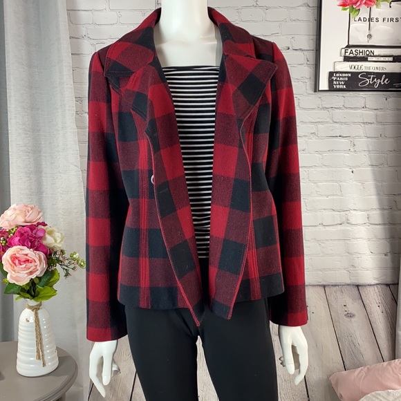 Gap 70% Recycled Wool Red/Black Plaid Coat Size: Medium - Picture 6 of 17